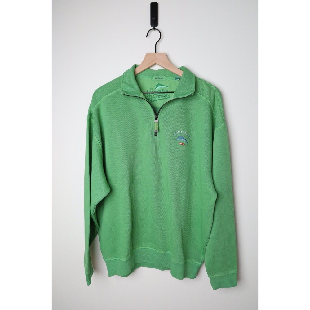Tommy Bahama Relax 1/4 Zip Pullover Embroidered Marlin Logo Green Cotton Mens M